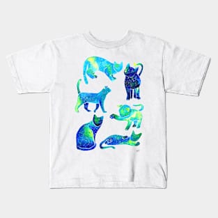 Galaxy Cats Pattern - Blue Kids T-Shirt